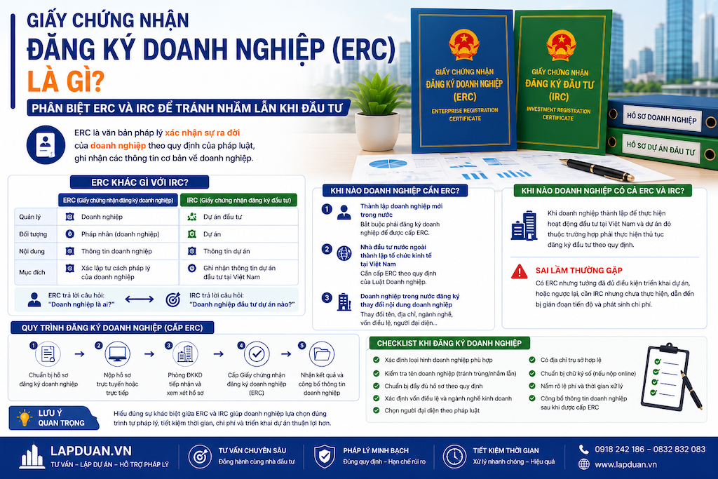 Infographic giải thích Giấy chứng nhận đăng ký doanh nghiệp (ERC), phân biệt ERC và IRC, các trường hợp doanh nghiệp cần thực hiện, quy trình đăng ký doanh nghiệp và những lưu ý quan trọng khi triển khai dự án đầu tư.