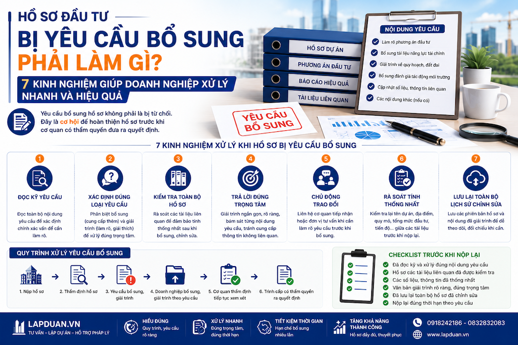 Infographic hướng dẫn doanh nghiệp xử lý hồ sơ đầu tư bị yêu cầu bổ sung, gồm 7 kinh nghiệm giúp giải trình đúng trọng tâm, hạn chế phải bổ sung nhiều lần và rút ngắn thời gian thẩm định dự án đầu tư.
