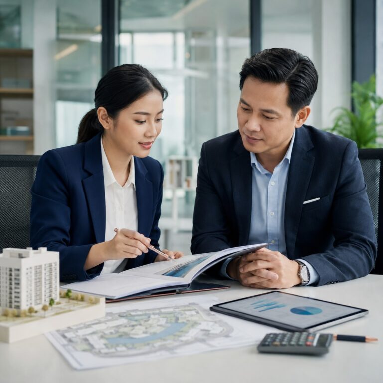 Chuyên gia và nhà đầu tư phân tích hồ sơ, chi phí và phương án tài chính trong báo cáo nghiên cứu khả thi dự án.