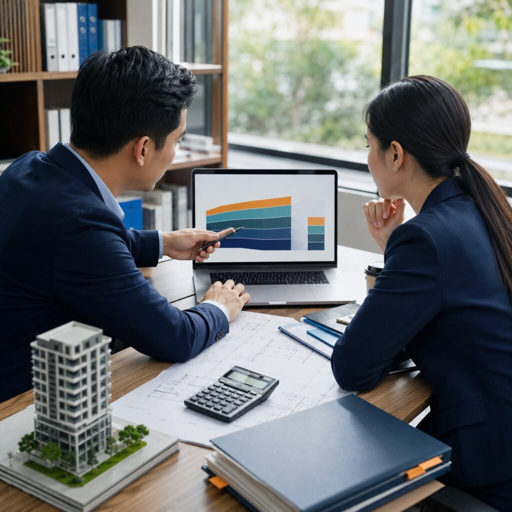 Chủ đầu tư và chuyên gia tài chính rà soát chi phí dự phòng, tiến độ và ngân sách dự án.