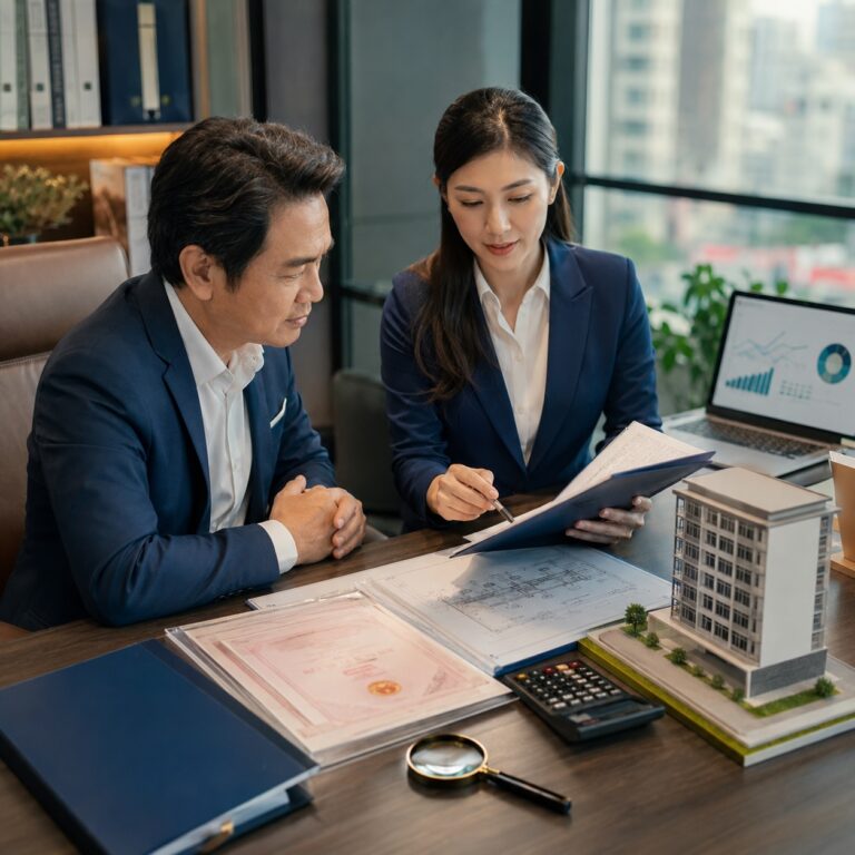 Chủ đầu tư và chuyên gia tài chính rà soát hồ sơ tài sản bảo đảm cùng phương án vay vốn dự án.