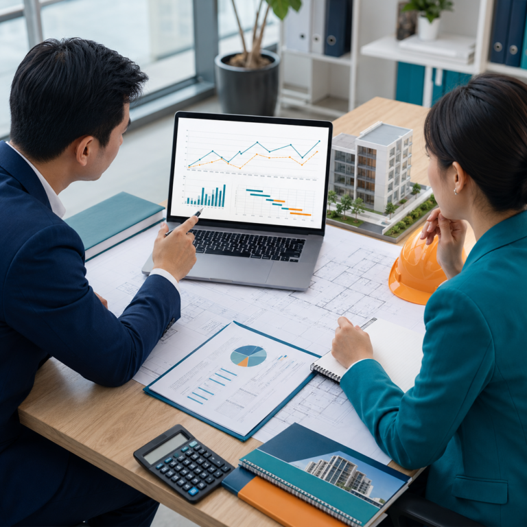 Chủ đầu tư và chuyên gia tài chính phân tích dòng tiền, kế hoạch trả nợ và tiến độ dự án trên bàn làm việc.