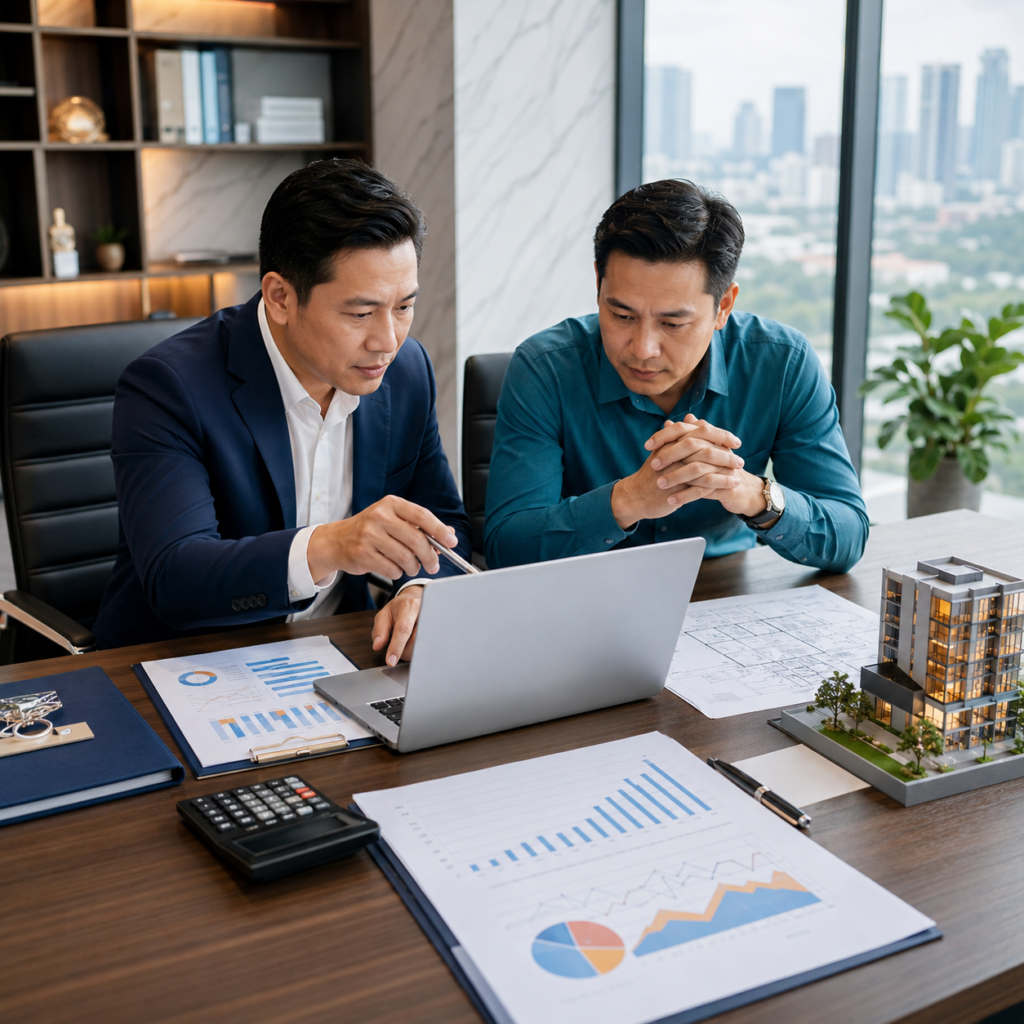 Chủ đầu tư và chuyên gia tài chính rà soát hồ sơ vay vốn, dòng tiền và mô hình dự án tại bàn làm việc.