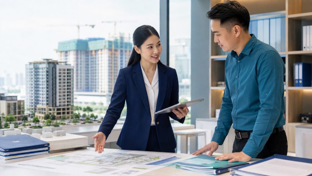 Chuyên gia tư vấn và nhà đầu tư trao đổi về hồ sơ, quy hoạch và thủ tục triển khai dự án.