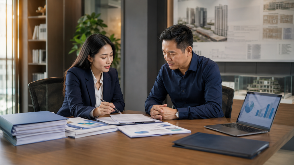 Chuyên gia tư vấn và nhà đầu tư xem xét hồ sơ vay vốn, báo cáo tài chính và phương án dự án.