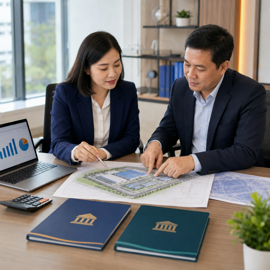 Chuyên gia tư vấn cùng chủ đầu tư rà soát hồ sơ dự án và phương án vay vốn ngân hàng.