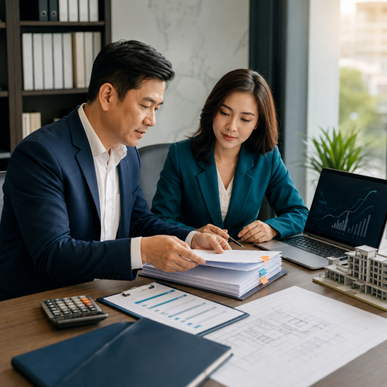 Chủ đầu tư và chuyên gia tư vấn rà soát hồ sơ vay vốn, phương án tài chính và tiến độ dự án.