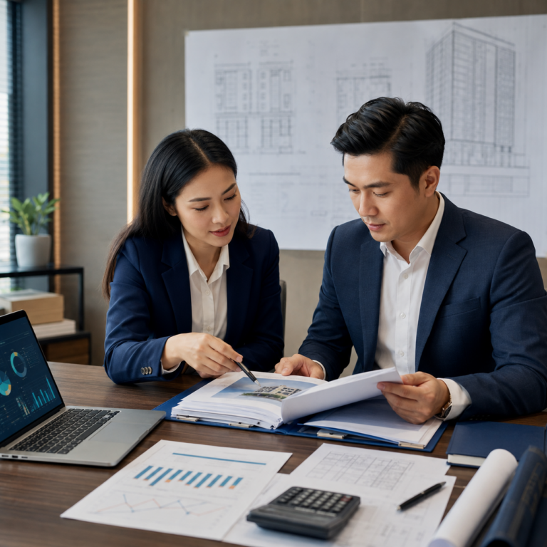 Nhà đầu tư và chuyên gia rà soát hồ sơ vay vốn, dòng tiền và phương án tài chính của dự án.