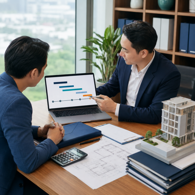 Chủ đầu tư và chuyên gia tài chính rà soát tiến độ giải ngân vốn và hồ sơ dự án trên bàn làm việc.
