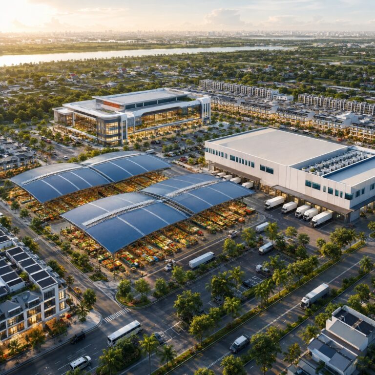 Mẫu dự án đầu tư chợ đầu mối kết hợp trung tâm thương mại, kho lạnh, logistics và shophouse.