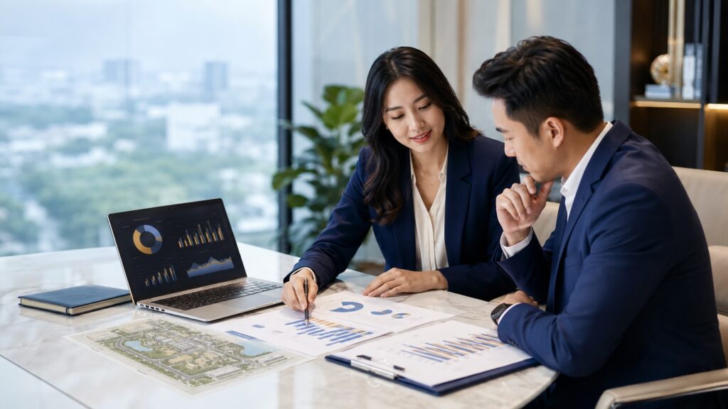 Chuyên gia tư vấn và nhà đầu tư trao đổi về bảng chi phí, dòng tiền và phương án tài chính của dự án.