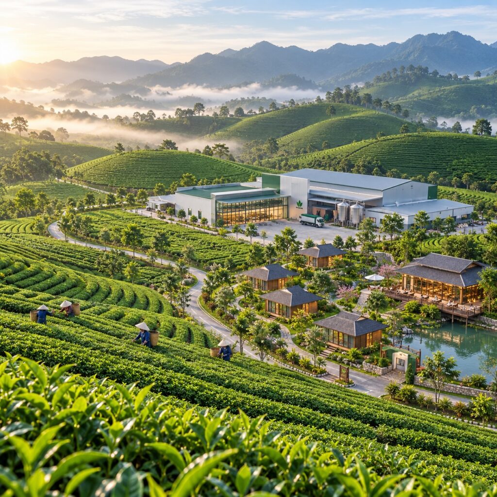 Phối cảnh minh họa dự án sản xuất chè hữu cơ công nghệ cao kết hợp du lịch nghỉ dưỡng đồi chè tại Sơn La.