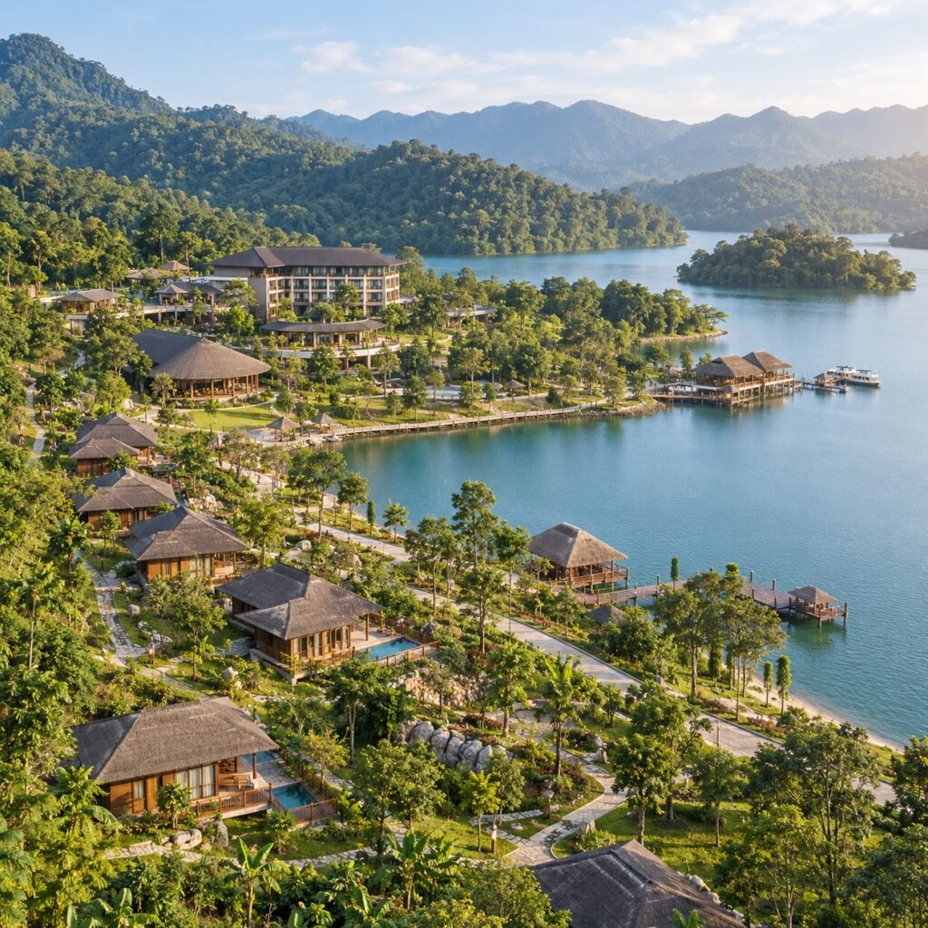 Phối cảnh mẫu quần thể du lịch sinh thái văn hóa cộng đồng Bắc Kạn ven hồ