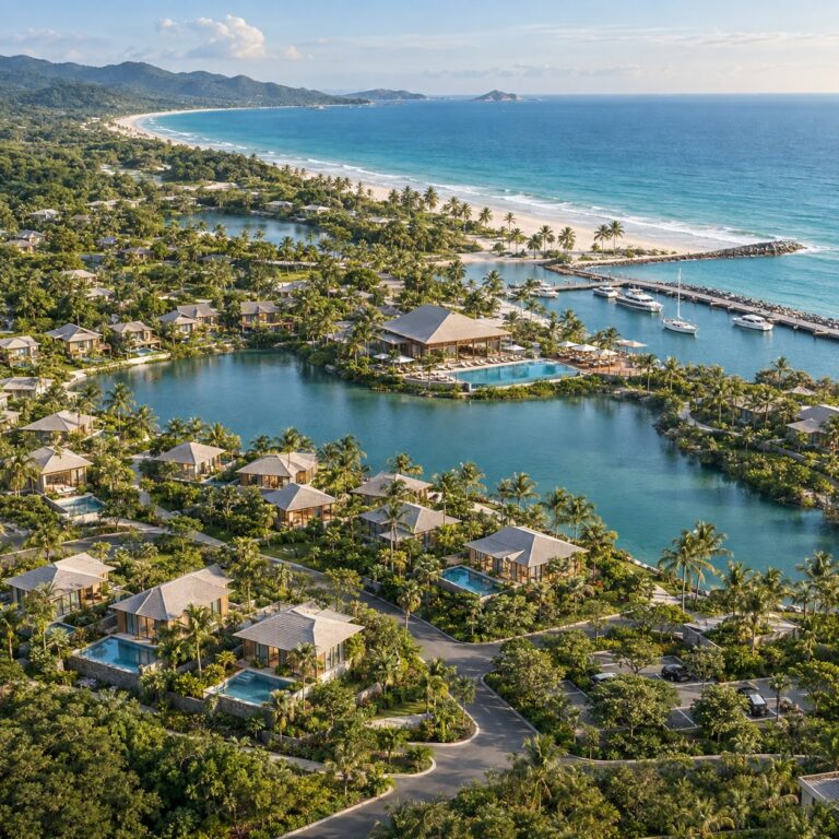 Mẫu dự án khu du lịch sinh thái nghỉ dưỡng Hồ Tràm gồm biệt thự, bungalow, bến du thuyền và cảnh quan ven biển.