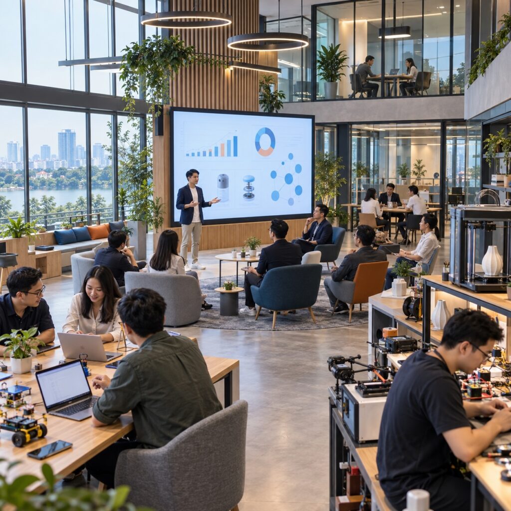 Mẫu dự án trung tâm hỗ trợ khởi nghiệp đổi mới sáng tạo với không gian coworking, Fablab, đào tạo và kết nối đầu tư.
